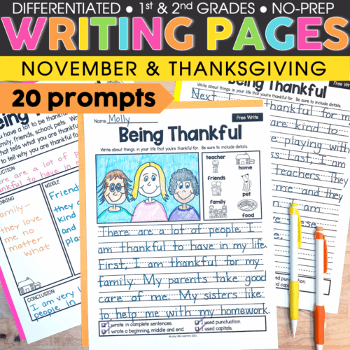First and second grade November writing prompts for Thanksgiving and gratitude, featuring printable and digital activities to encourage thankful writing and storytelling.