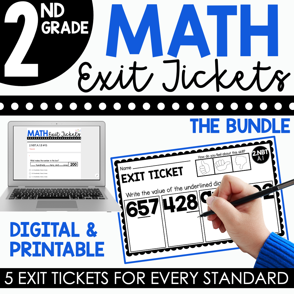 A detailed 2nd grade math exit tickets bundle featuring digital and printable options, designed to reinforce math skills with five exit tickets per standard for engaging student assessment.