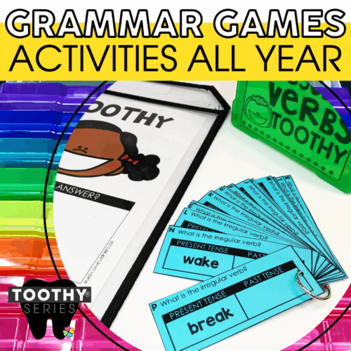 A colorful set of Grammar Toothy® Task Cards Bundle for engaging grammar games and activities suitable for all year round learning.