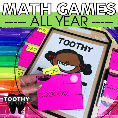 Kindergarten math Toothy® bundle with colorful pattern cards and a smiling cartoon girl, designed for engaging math games and learning all year for young children.