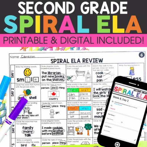 A colorful 2nd Grade ELA Spiral Review Bundle worksheet with printable and digital options, featuring engaging activities for vocabulary, phonics, and comprehension practice.
