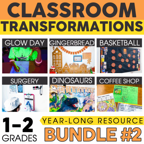 Classroom transformation display with glow day, gingerbread, basketball, surgery, dinosaurs, and coffee shop themes for grades 1-2, part of the Lucky Little Learners Growing Bundle #2.