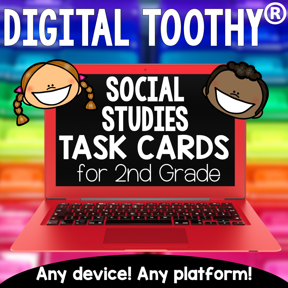 DIGITAL TOOTHY social studies task cards for 2nd grade, compatible with Google Slides, engaging educational resource for classroom learning and digital activities.