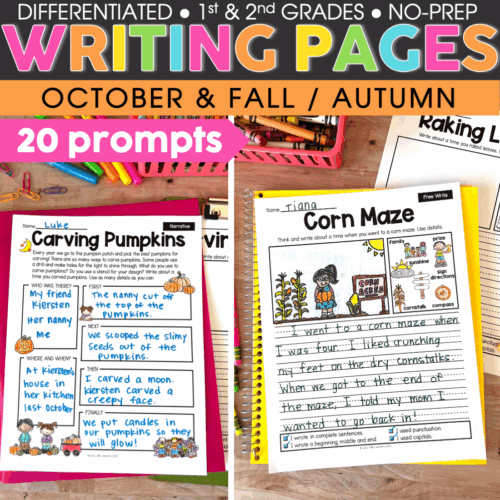First and second grade October writing prompts for differentiated, no-prep activities including fall-themed pages, pumpkin carving, and corn maze stories for engaging literacy practice.