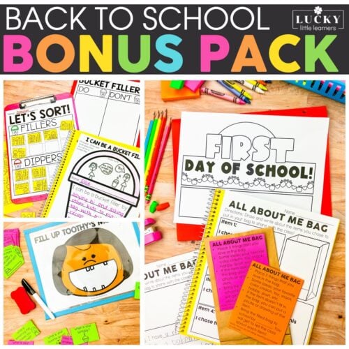 Bright back-to-school educational materials including worksheets, activity packs, and fun learning tools from Lucky Little Learners' Back to School Bonus Pack for teachers and students.
