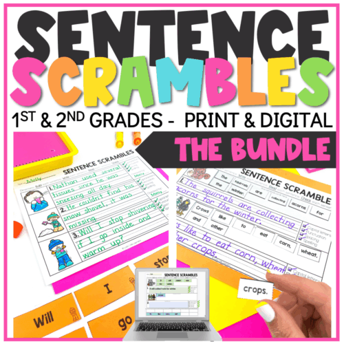 An engaging image of the "Seasonal Sentence Scrambles Bundle" for 1st and 2nd grade, featuring colorful print and digital activities to enhance sentence construction skills.