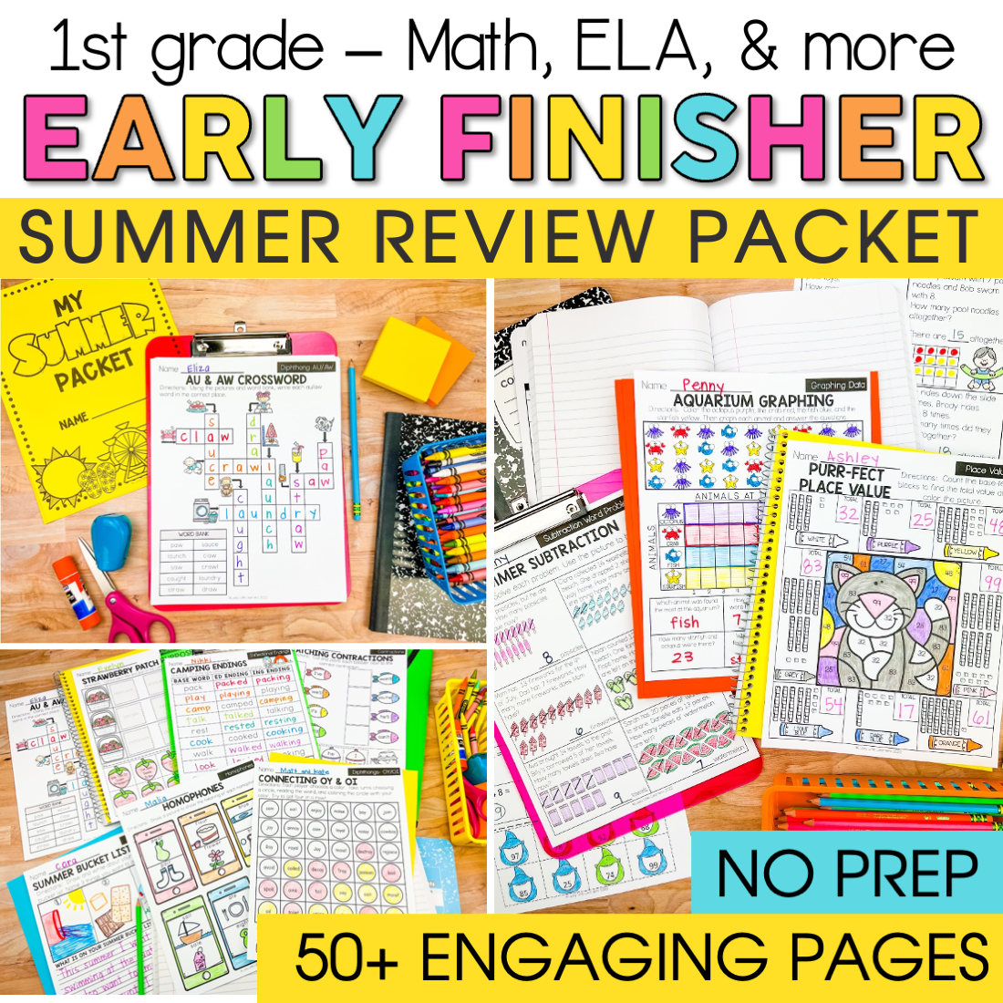 Bright and colorful 1st grade summer review packet for early finishers, featuring math, ELA, and more activities to keep students engaged and prepared for the new school year.