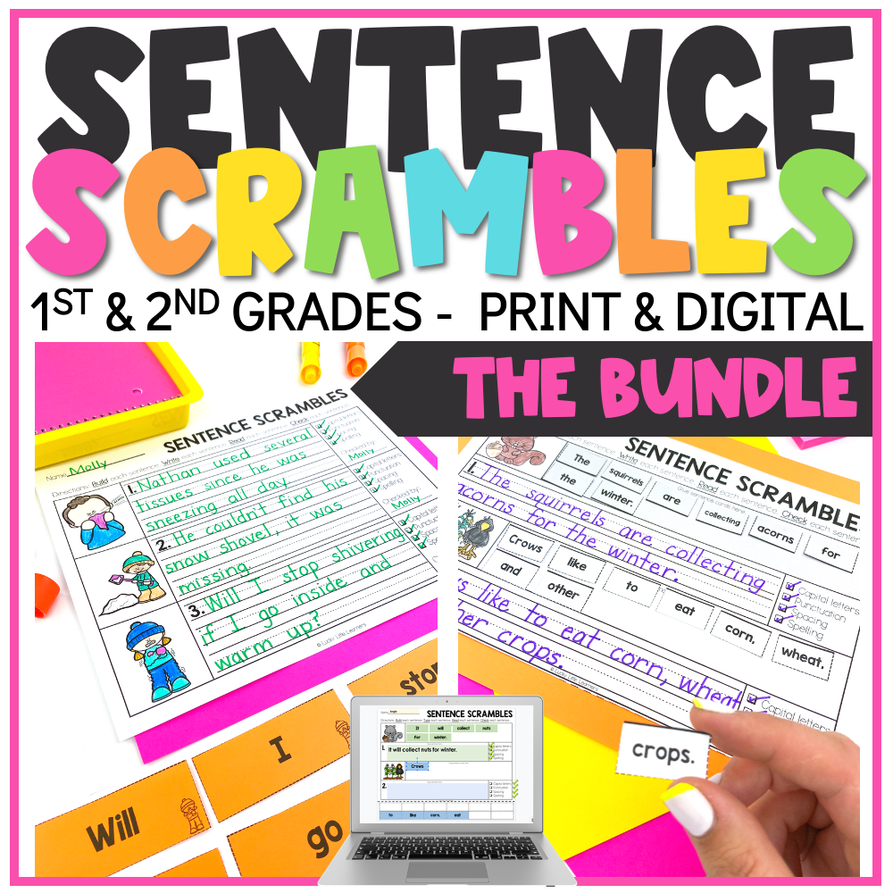An engaging image of the "Seasonal Sentence Scrambles Bundle" for 1st and 2nd grade, featuring colorful print and digital activities to enhance sentence construction skills.