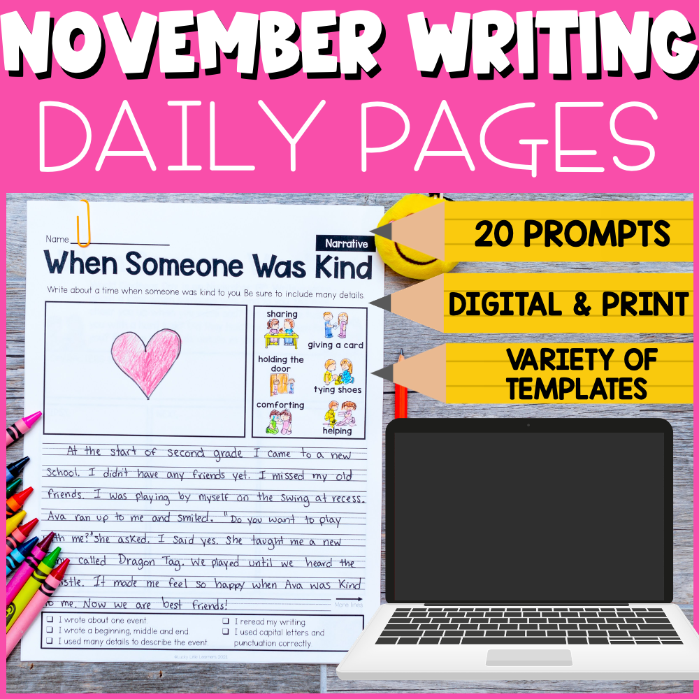 November writing prompts for 1st and 2nd grade, printable and digital daily pages with colorful pencils, showcasing a student’s story about kindness and sharing.