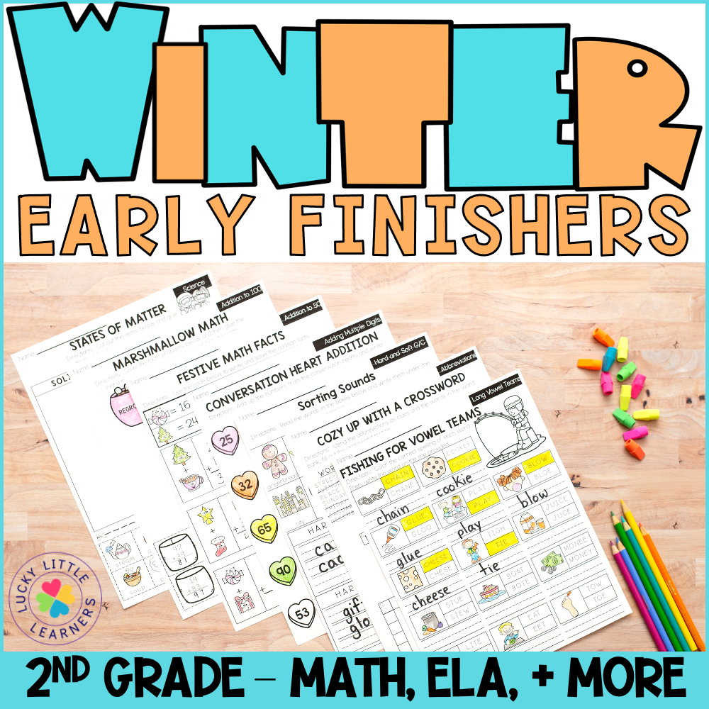 Engaging 2nd grade winter early finishers packet with math, ELA, and fun activities designed for quick learners to stay productive and excited during winter break.