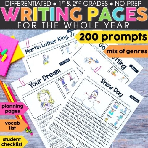 A detailed description of writing prompts for 1st and 2nd grade, including differentiated, no-prep pages, vocabulary lists, and student checklists, designed to enhance writing skills throughout the y.