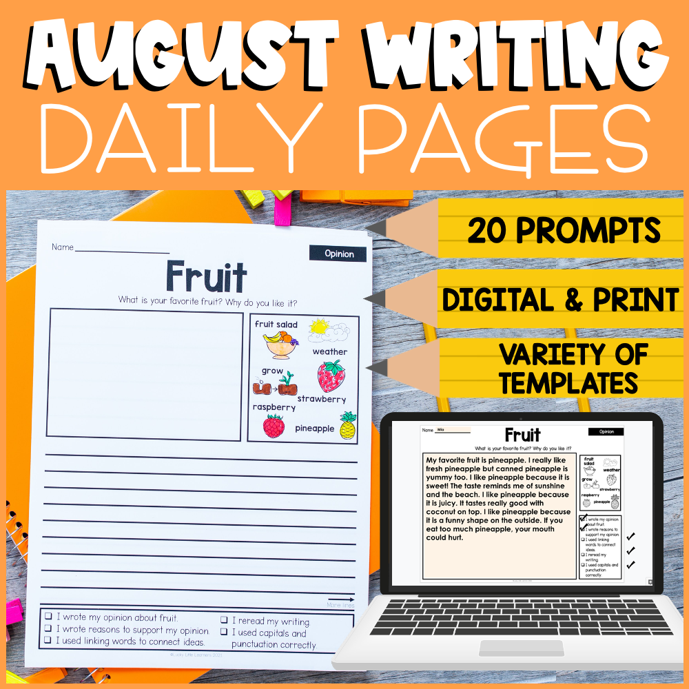 August writing prompts for 1st and 2nd grade, printable and digital daily pages with a fruit theme, variety of templates for engaging student writing activities.