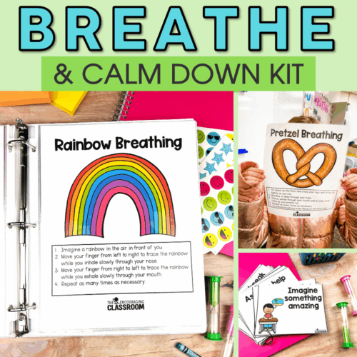 Breathing exercises cards and calm down corner kit for children, featuring rainbow breathing, pretzel breathing, and calming strategies to help kids relax and manage emotions.