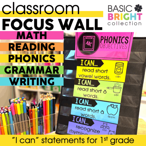 Bright classroom focus wall featuring "I Can" statements for 1st grade, including reading short vowel words, recognizing rhyming words, and other essential literacy skills for young learners.