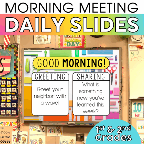 Welcome to Lucky Little Learners' Morning Meeting Slides for 1st & 2nd Grades, featuring daily greeting, sharing, and interactive activities to promote classroom community and engagement.