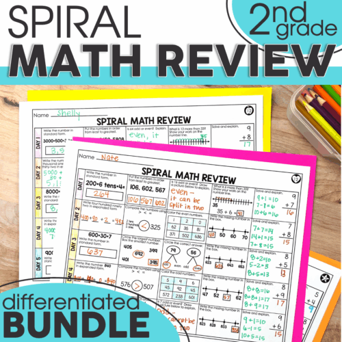 Second grade spiral math review bundle featuring colorful worksheets with addition, subtraction, and number patterns for engaging 2nd grade math practice.