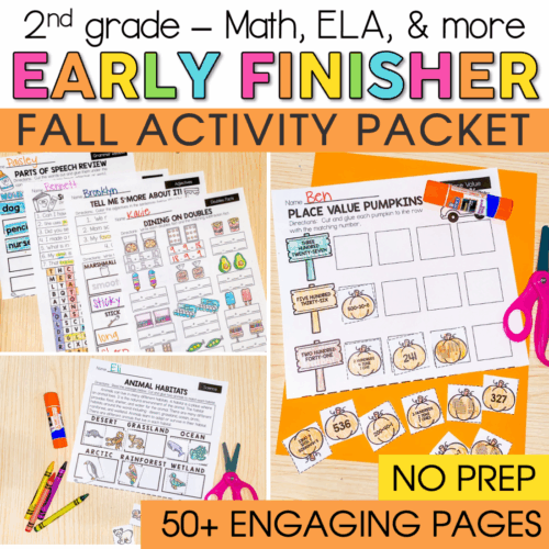 Engaging 2nd grade fall activity packet for early finishers featuring math, ELA, and more with colorful worksheets, pumpkin-themed tasks, and no prep required for classroom fun.