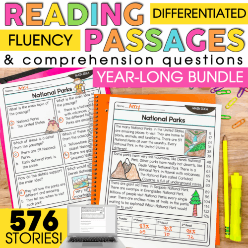 An engaging image showcasing a Reading Comprehension Passages Bundle for differentiated fluency practice, featuring colorful worksheets and tools for effective literacy development.