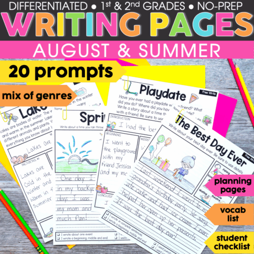 Lucky Little Learners August & Summer 1st & 2nd Grade Writing Prompts, printable and digital, featuring themed pages, vocabulary lists, planning pages, and diverse writing genres for early elementary.