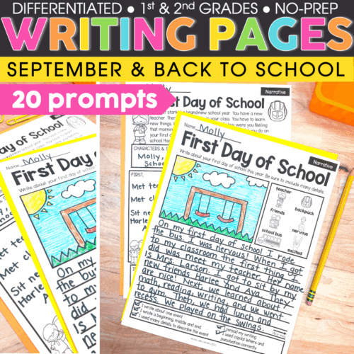 First Day of School writing prompts for 1st and 2nd grade, printable and digital, focusing on back to school activities and student reflections.