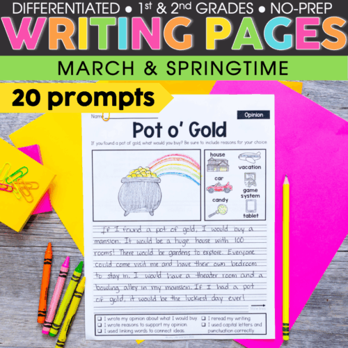 Pot o' Gold March & Springtime 20 writing prompts for 1st and 2nd grade students, no-prep, differentiated, engaging, and perfect for classroom activities.