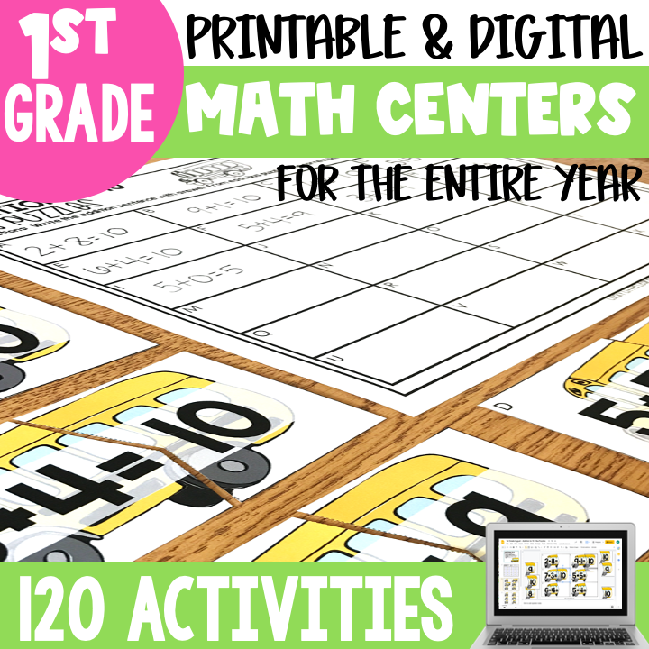 A colorful educational image showcasing printable and digital math centers for 1st grade, featuring 120 activities designed for the entire year, ideal for April math lessons and engaging young learne.
