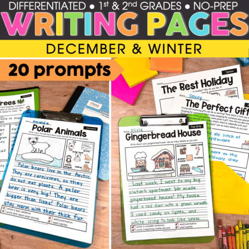 A colorful collection of December and winter-themed writing prompts for 1st and 2nd grade students, featuring printable and digital options, with engaging topics like polar animals, gingerbread house.