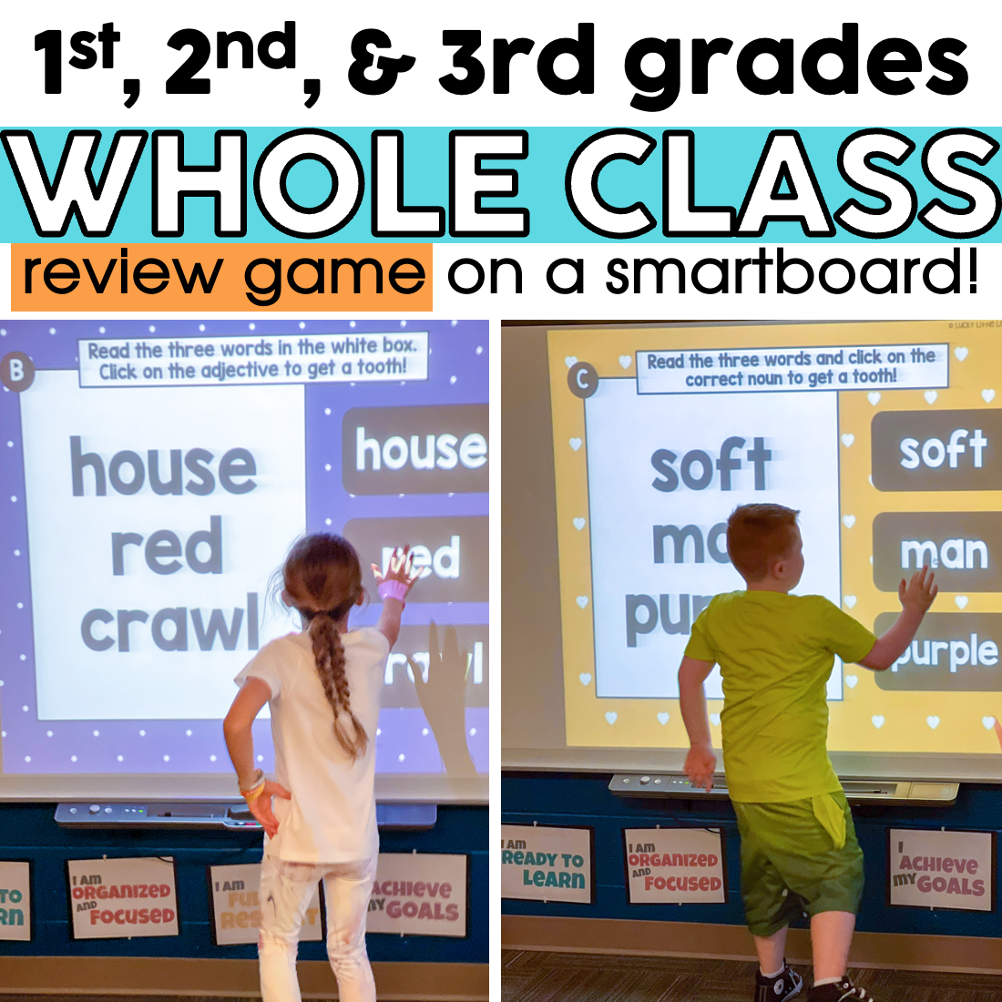 A colorful digital classroom scene featuring 1st, 2nd, and 3rd graders engaging with whole class review game on a smartboard, focusing on grammar task cards for early elementary students.