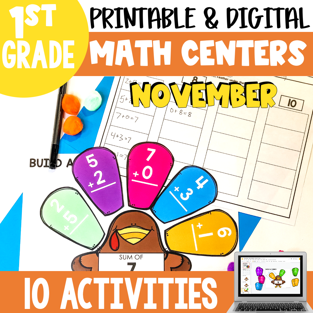October math centers and activities for 2nd grade, printable and digital, featuring colorful turkey-themed math exercises for first grade students, perfect for November classroom learning.