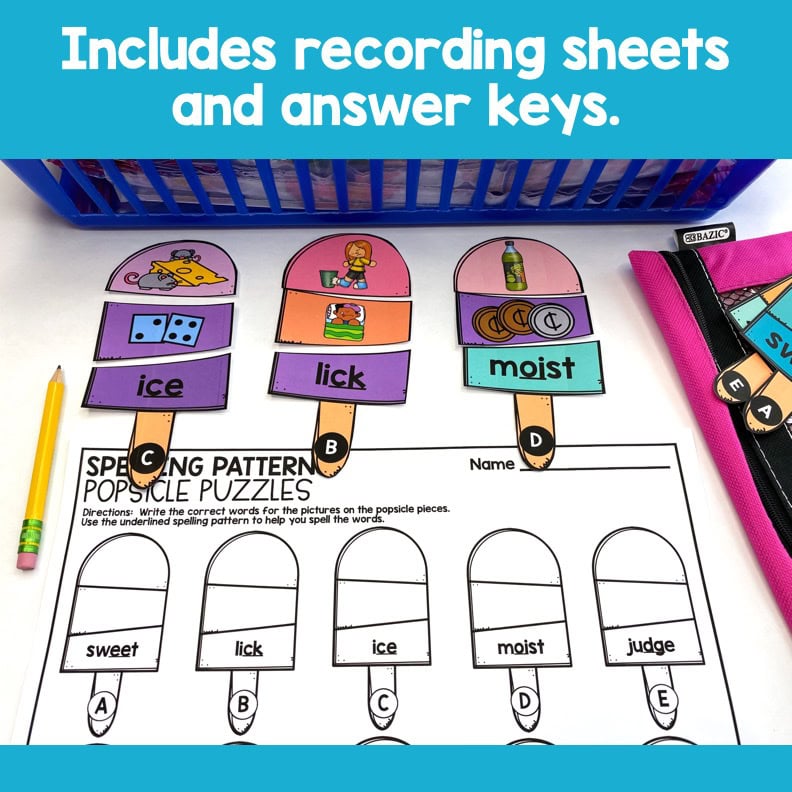 An engaging 2nd grade phonics centers activity featuring recording sheets, answer keys, and colorful picture cards for teaching spelling patterns and word recognition.