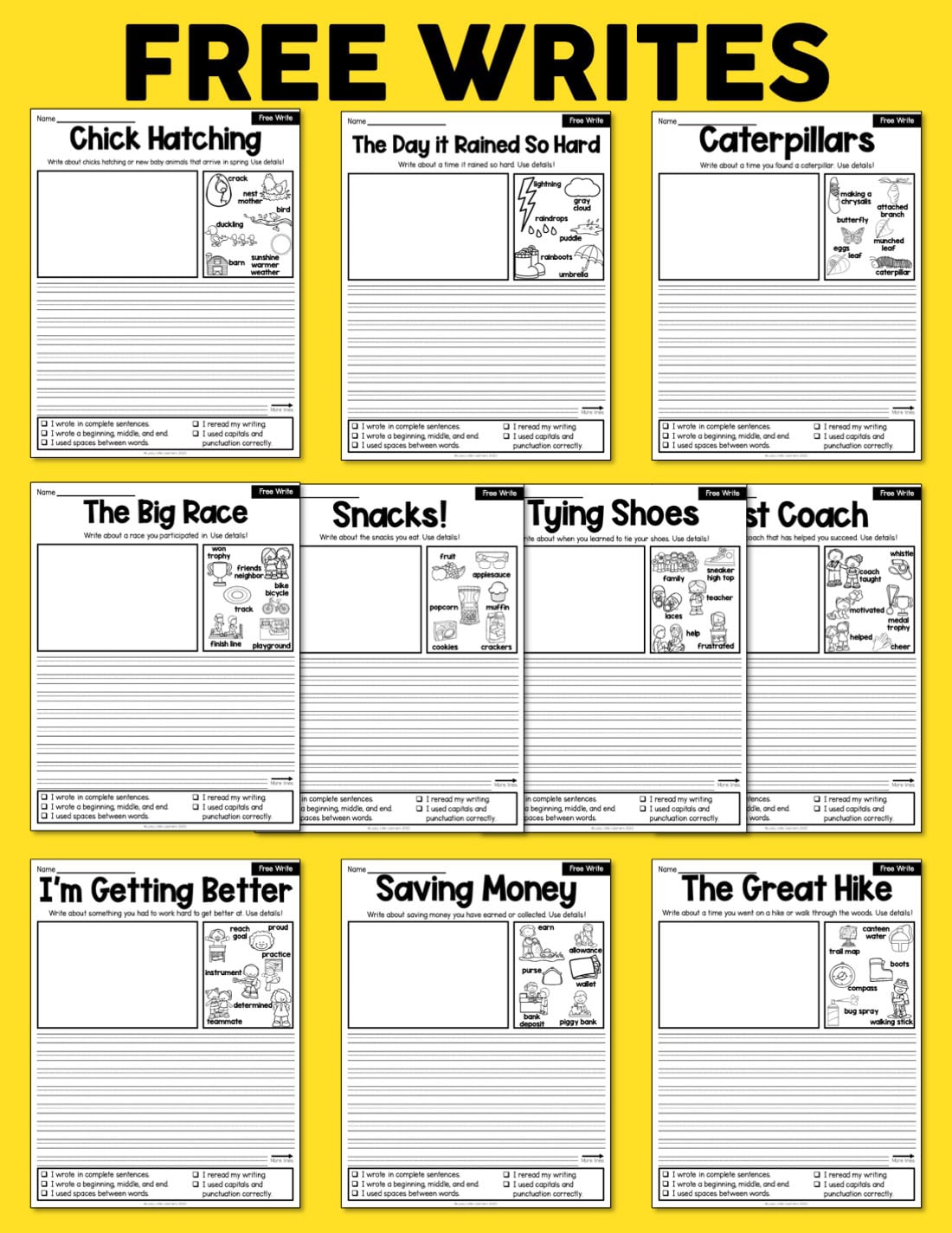 A colorful collection of April writing pages for 1st and 2nd grade students, featuring fun activities like chick hatching, rain, caterpillars, and more to enhance early writing skills.