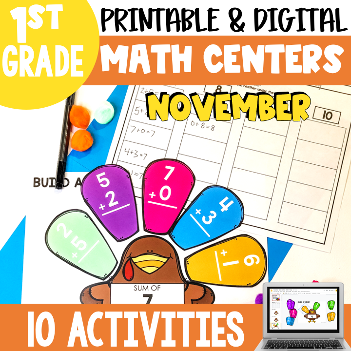 April Math Centers and Activities for 2nd Grade featuring printable and digital resources, engaging math centers, and fun activities for first-grade students in November.