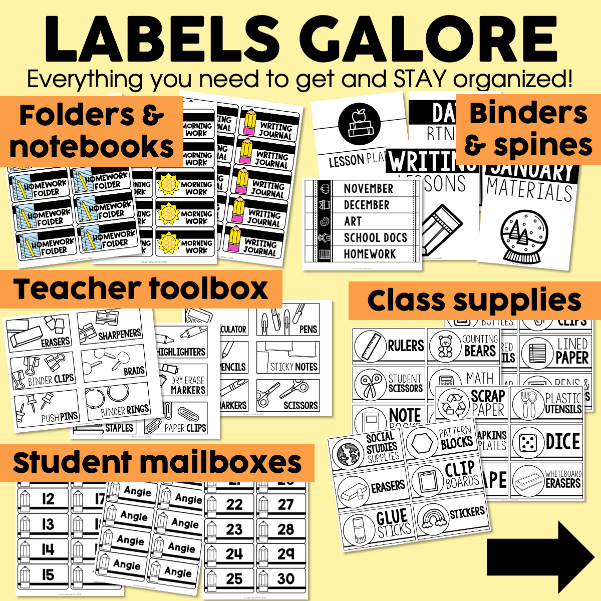 Bright and colorful classroom labels for notebooks, binders, teacher toolbox, and student mailboxes, perfect for organizing school supplies and classroom materials.