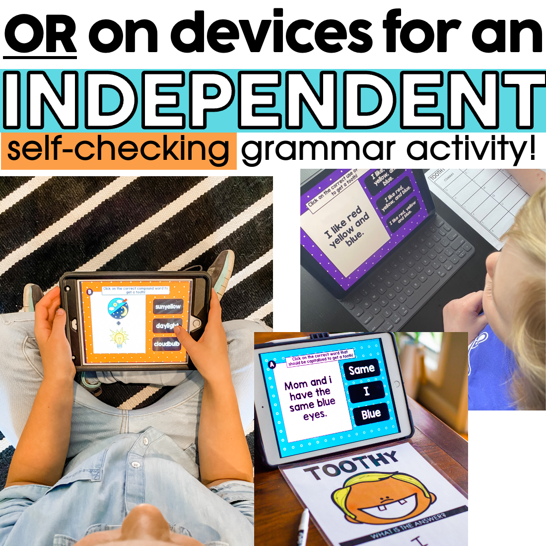 Engaging digital grammar task cards for 2nd and 3rd grade students, focusing on independent, self-checking activities to improve reading and language skills on devices.