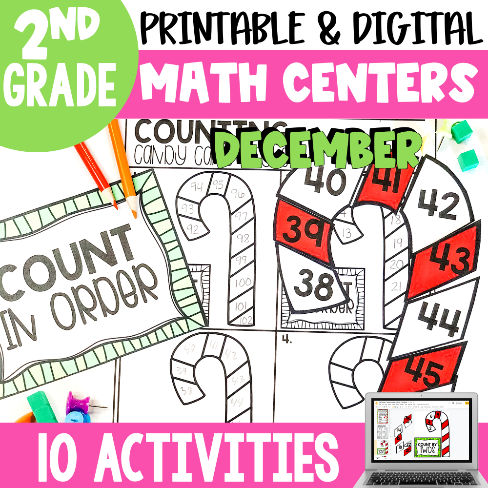 A colorful image of printable and digital December-themed 2nd grade math centers and activities, including counting, number recognition, and number order exercises for October.