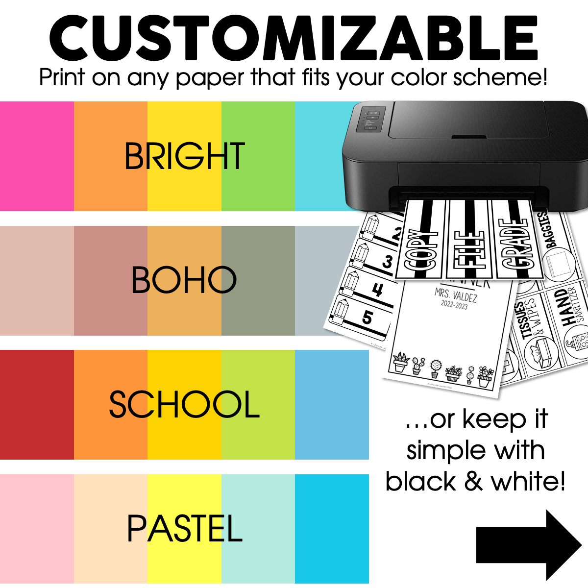 Editable classroom labels featuring bright, boho, school, and pastel color themes for notebooks, teacher toolbox, and supply binder covers, perfect for organizing and customizing your classroom.