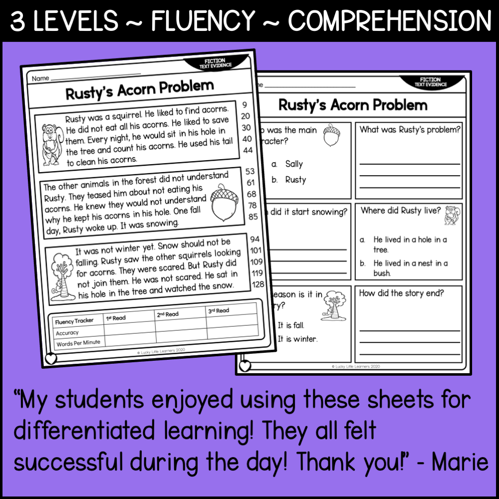 Rusty’s Acorn Problem reading comprehension worksheet for 2nd grade, focusing on fiction text evidence and 5 W's questions, designed to improve fluency and understanding skills.