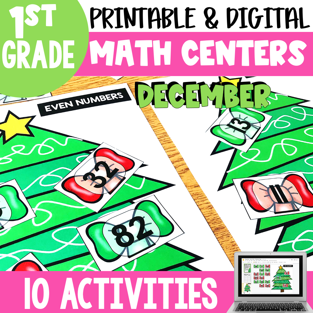 First grade December math centers with printable and digital activities focused on even numbers, perfect for October themed 2nd grade classroom learning.