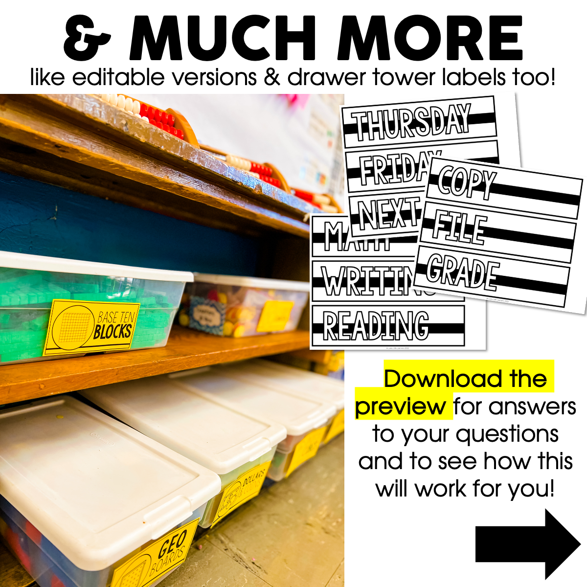 Editable classroom labels for notebooks, teacher toolbox, supply binder covers in basic or bright collection, featuring customizable versions and drawer tower labels for organization.