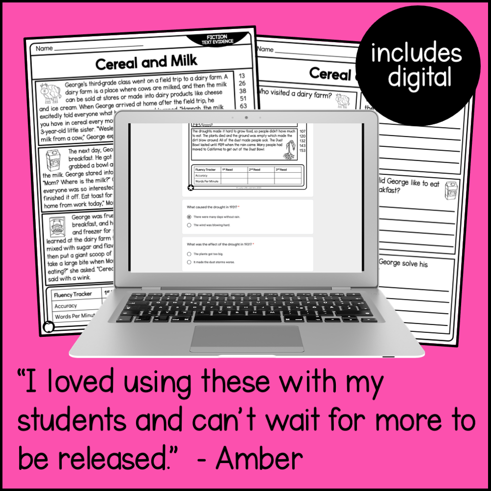 A detailed digital reading comprehension resource for 2nd grade students, featuring fiction passages, questions, and digital access, designed to enhance understanding of text evidence and 5 W's.