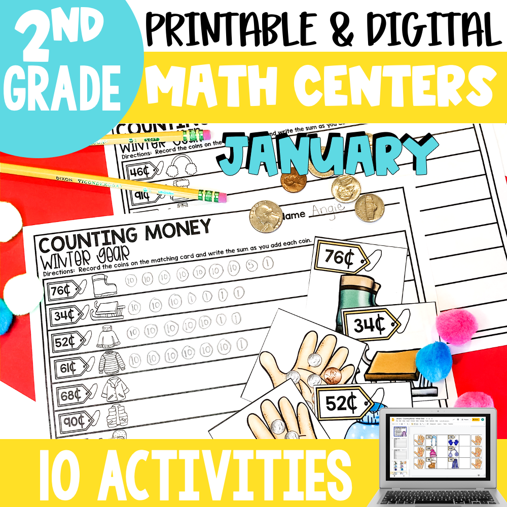 An engaging image showcasing printable and digital January math centers and activities for 2nd grade, including counting money and other math skills, with colorful educational materials and a laptop.