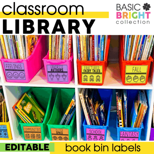 Bright classroom book bin labels in colorful containers for organizing library and reading areas, featuring themes like feelings, authors, fairy tales, fall, and more.