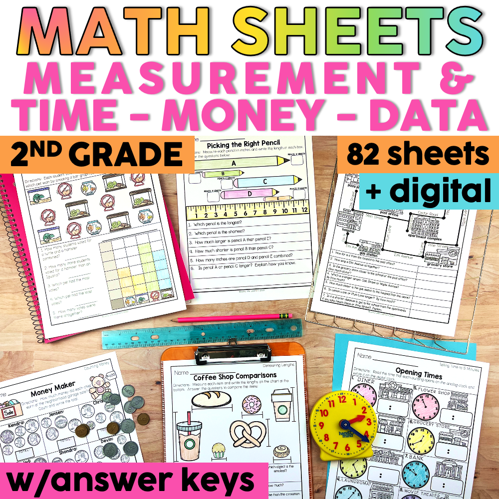 Math worksheets for 2nd grade focusing on measurement, time, money, and data graphing, available in digital and printable formats for engaging math practice and skill development.