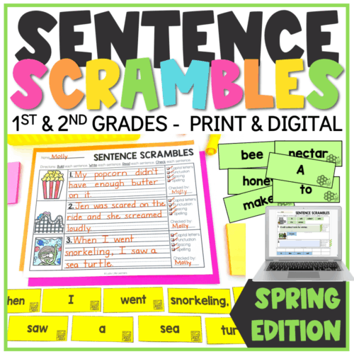 Enhance your early literacy skills with Spring Sentence Scrambles for 1st and 2nd graders, focusing on sentence building, writing, and vocabulary development with fun, printable, and digital activiti.