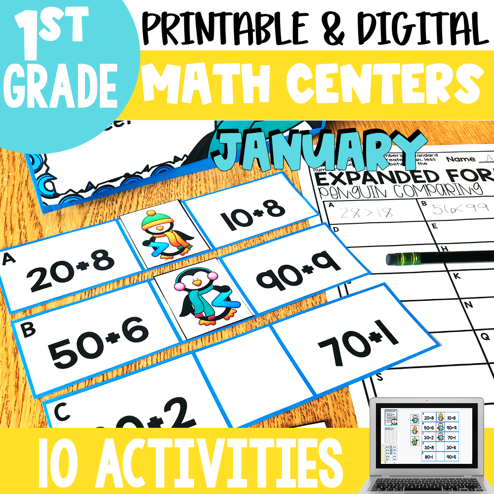 A colorful image showcasing October Math Centers and Activities for 2nd Grade, featuring printable and digital math activities with penguin-themed math problems for January.