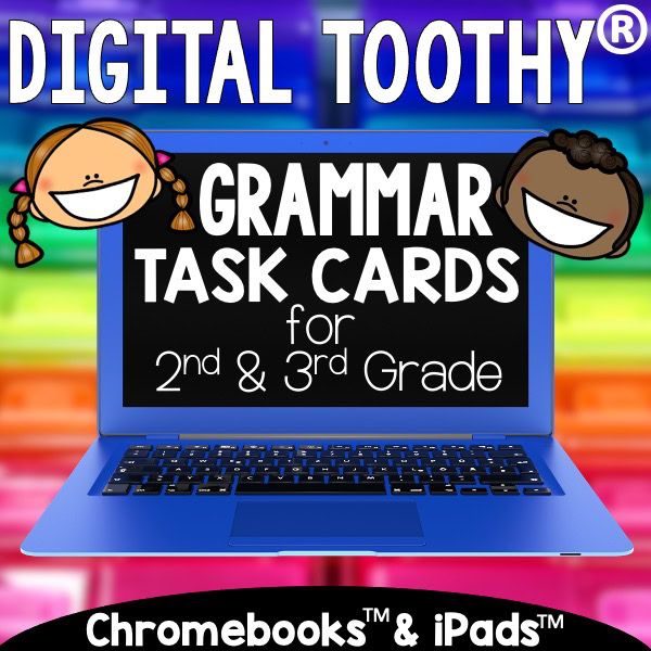 Digital Toothy Grammar Task Cards for 2nd and 3rd grade, compatible with Chromebooks and iPads, focusing on engaging grammar practice for elementary students.
