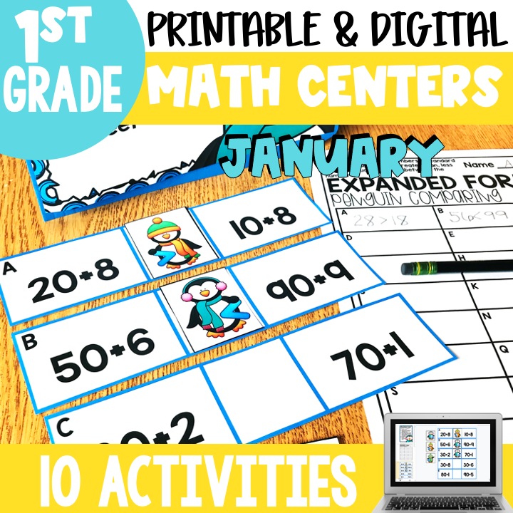 Printable and digital January math centers for 2nd grade, featuring engaging activities like addition, subtraction, and penguin-themed math problems for April learning.