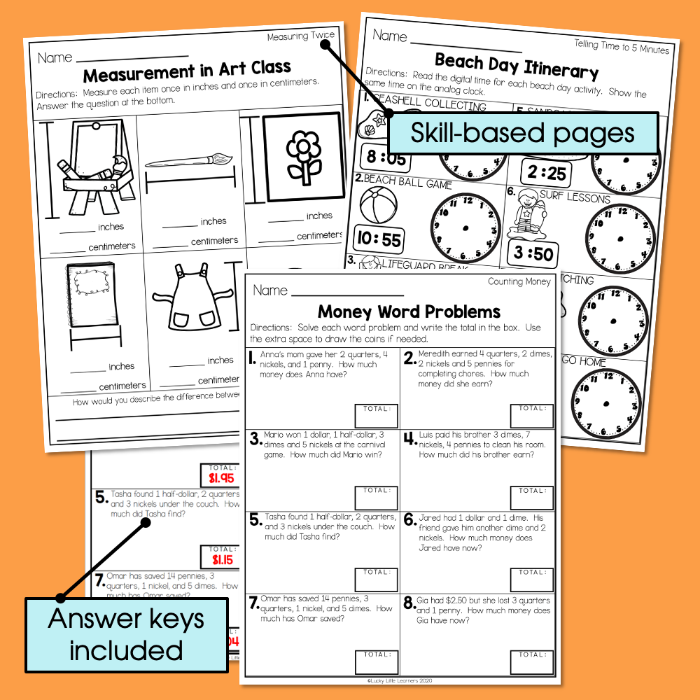 Measurement Time Money Graphing Worksheets for art class, beach day activities, and money word problems, perfect for digital and printable learning resources.
