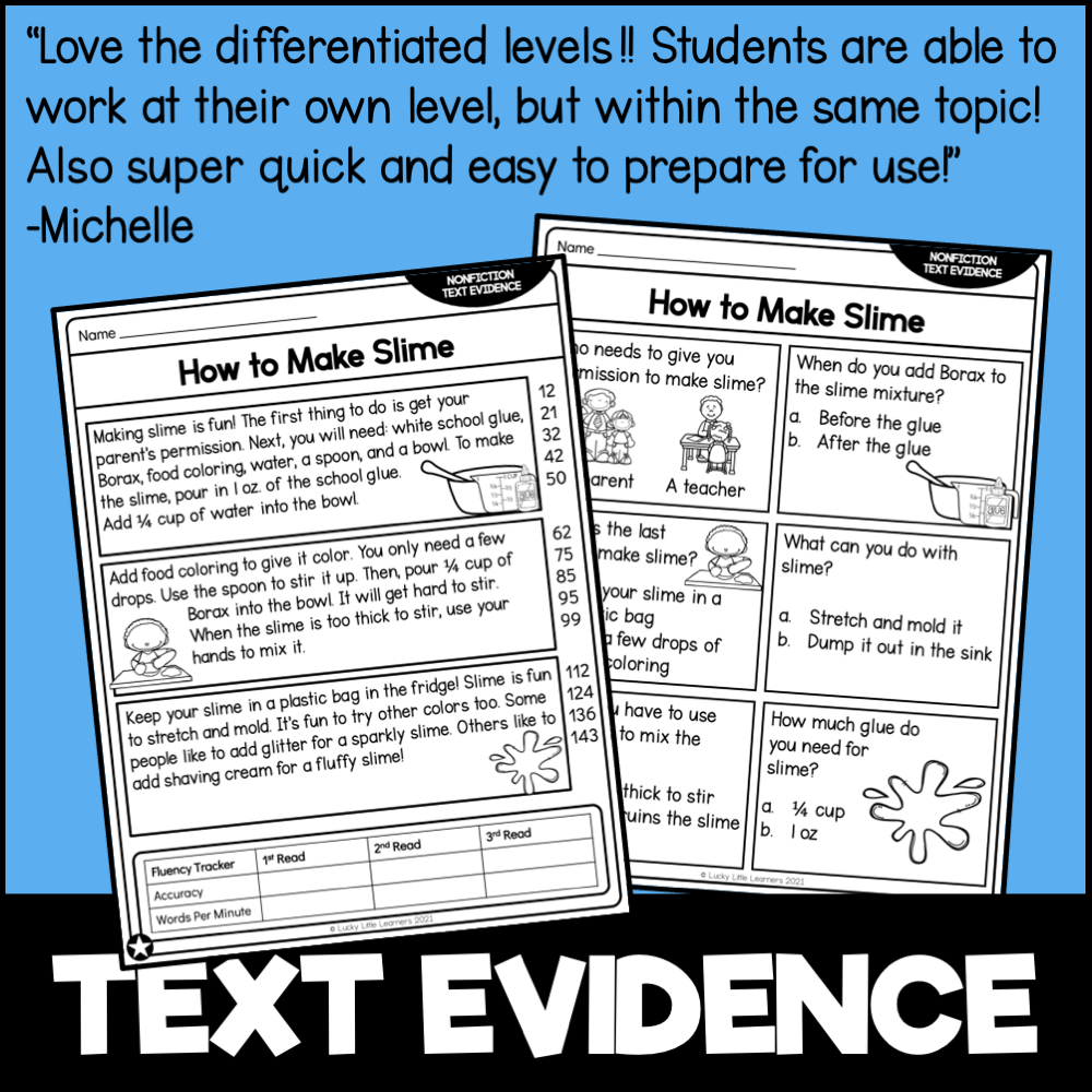 Making slime activity for 2nd grade students with nonfiction text evidence and 5 W's questions, featuring step-by-step instructions and visual aids for engaging learning.