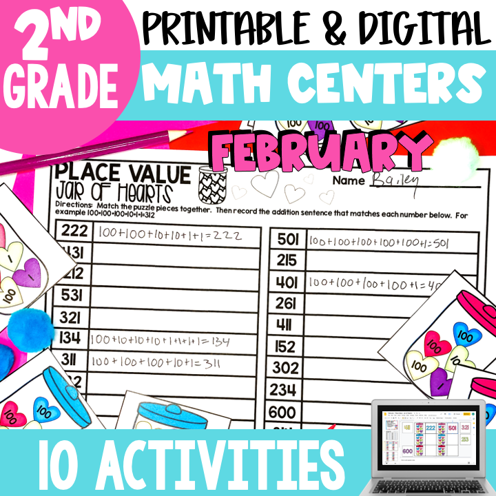 A colorful image of printable and digital math centers for 2nd grade, featuring February-themed activities, number puzzles, and a laptop displaying digital math exercises.